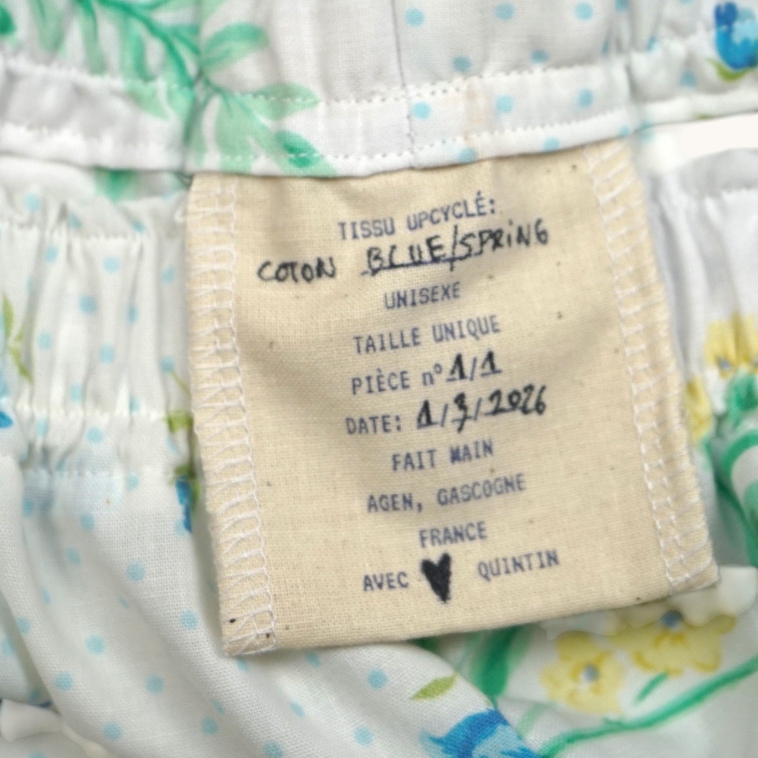 Short long Duo Printemps – Coton upcyclé – Taille unique S à L – Unisexe – Collection Fleurs – Quintín