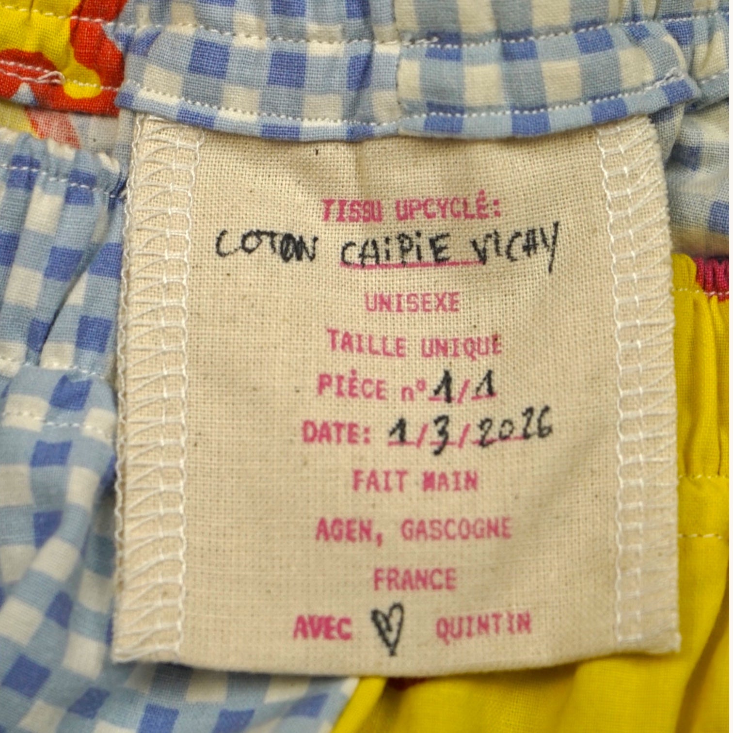 Short long Chipie Vichy – Coton upcyclé – Taille unique S à L – Unisexe – Collection Pop Culture – Quintín