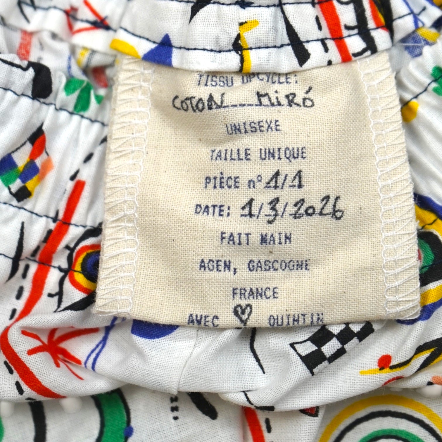 Short parachute Juan Miró  – Coton upcyclé – Taille unique S à L – Unisexe – Collection Pop Culture – Quintín