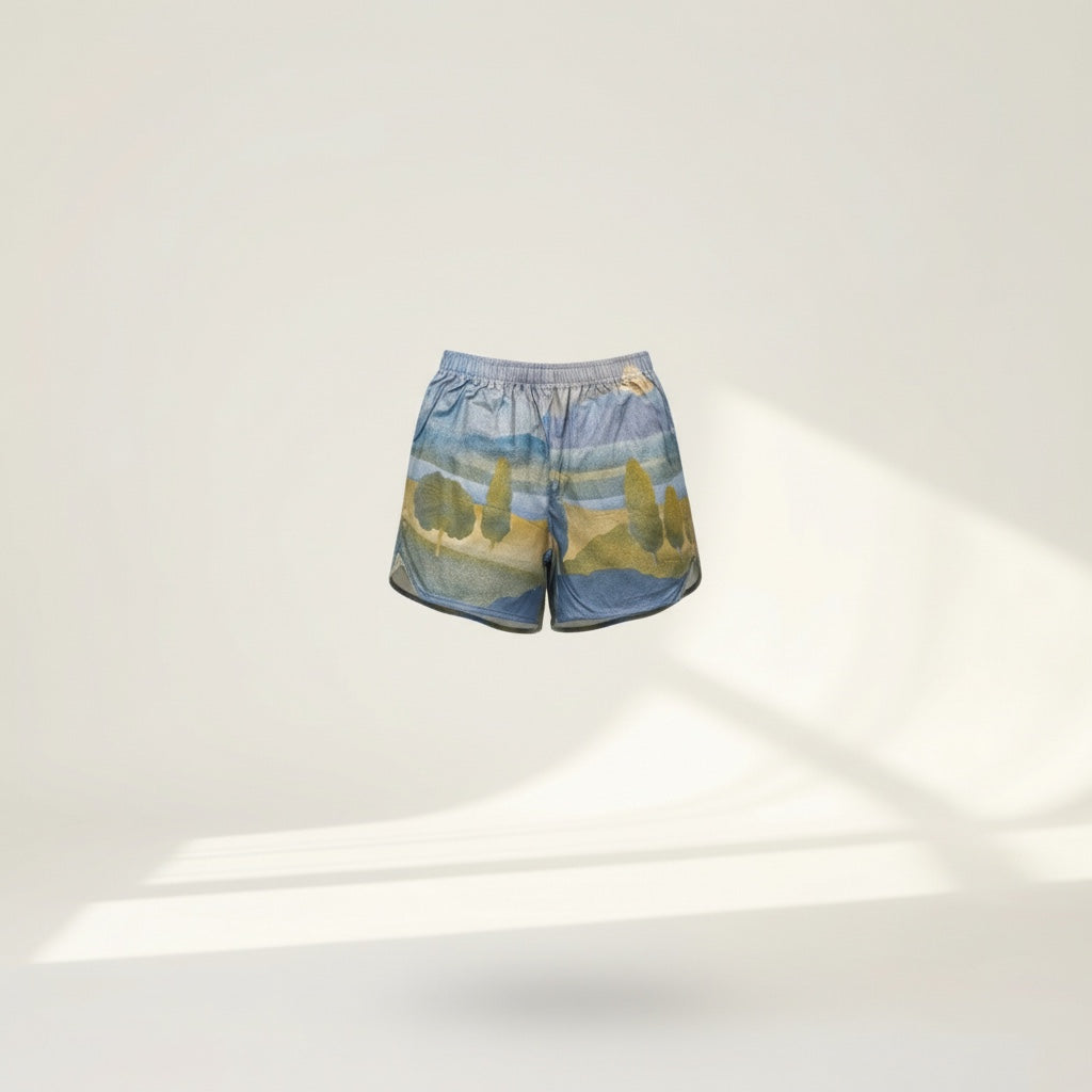 Short parachute Paysage 70's – Coton upcyclé – Taille unique S à L – Unisexe – Collection Années 70 – Quintín