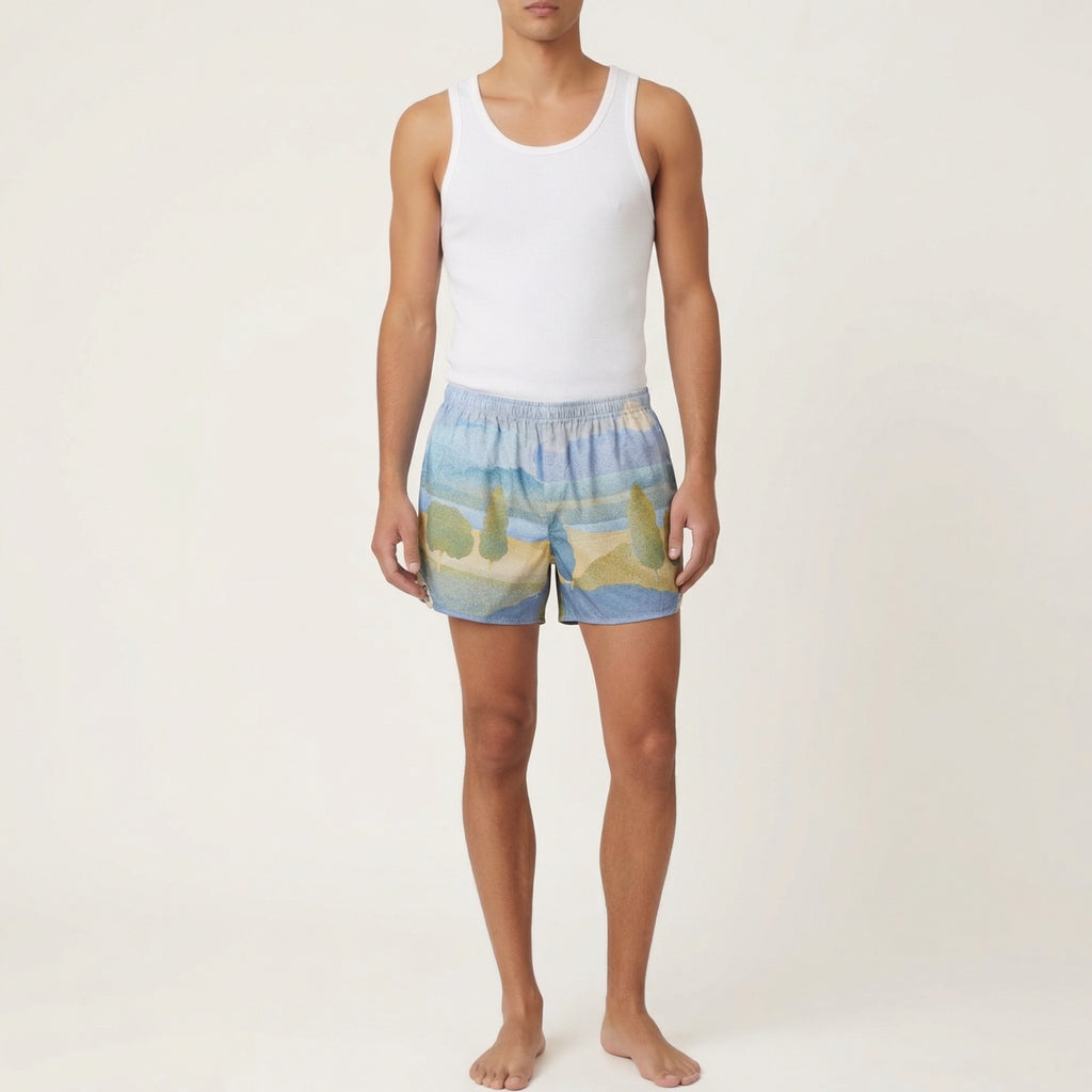 Short parachute Paysage 70's – Coton upcyclé – Taille unique S à L – Unisexe – Collection Années 70 – Quintín