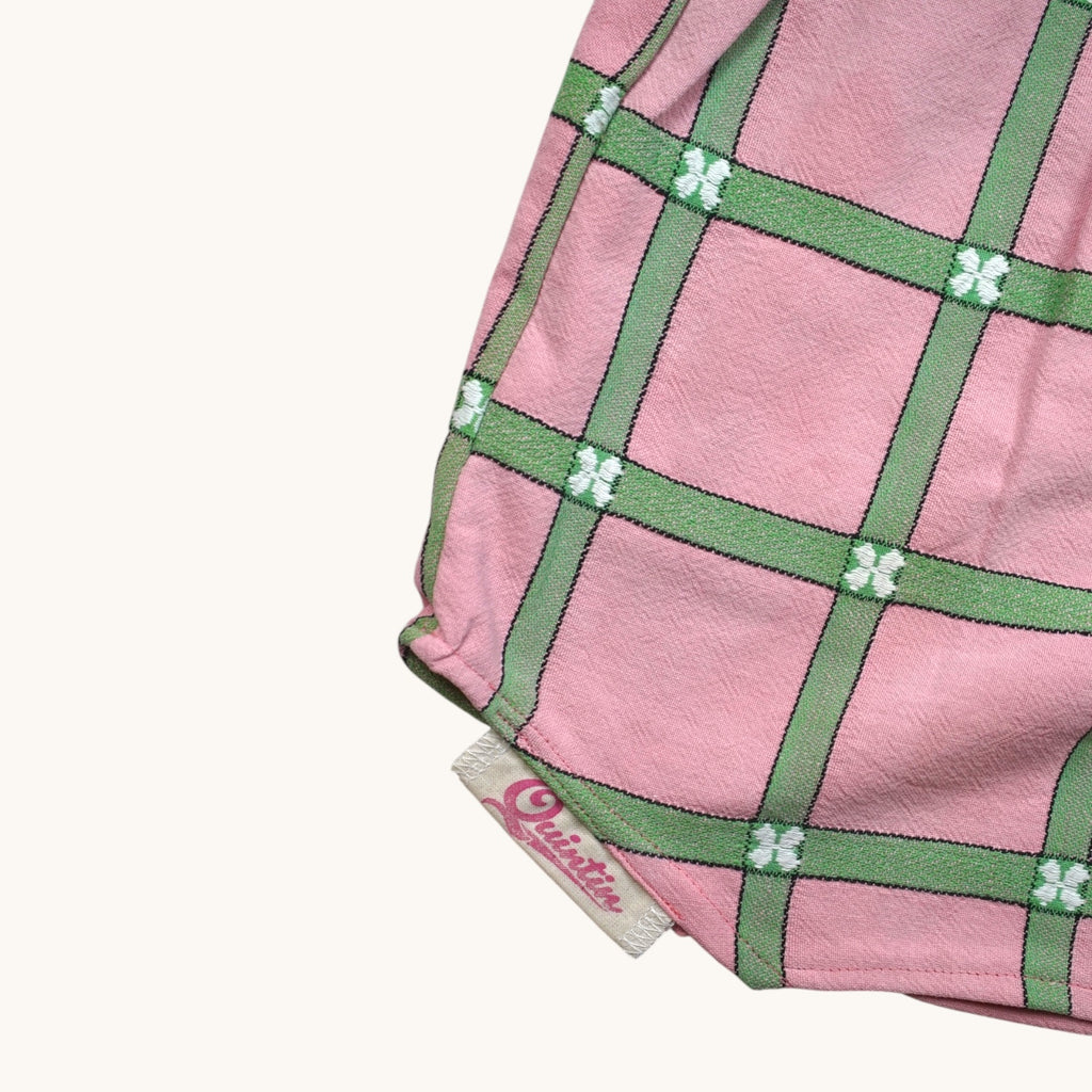 Short parachute Rose Carré Vert – Coton upcyclé – Taille unique S à L – Unisexe – Collection Rose Bonbon – Quintín