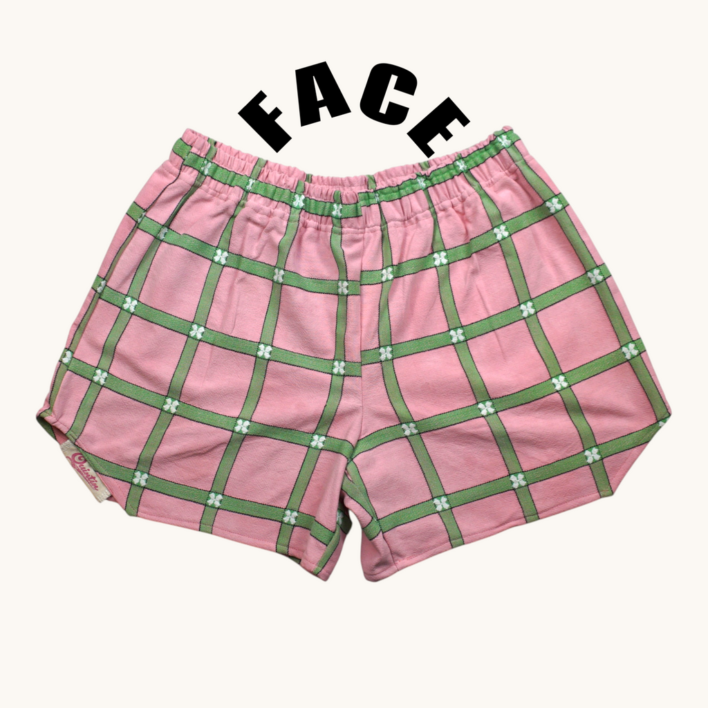 Short parachute Rose Carré Vert – Coton upcyclé – Taille unique S à L – Unisexe – Collection Rose Bonbon – Quintín