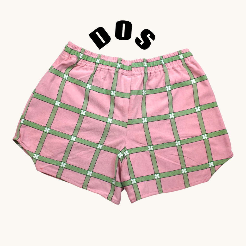 Short parachute Rose Carré Vert – Coton upcyclé – Taille unique S à L – Unisexe – Collection Rose Bonbon – Quintín