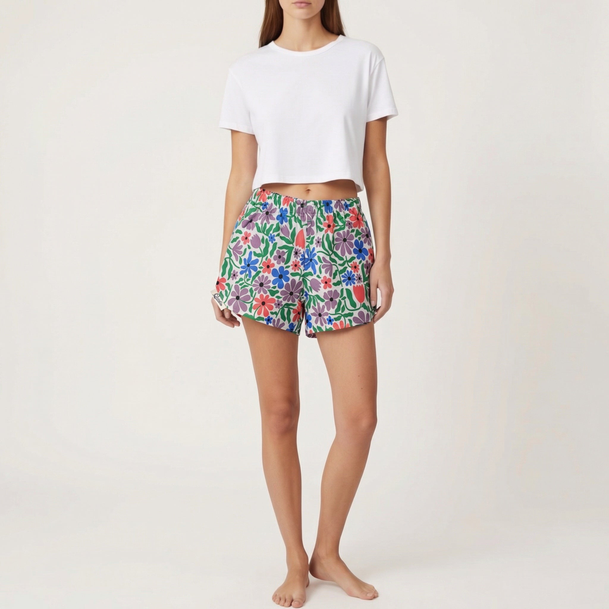 Short parachute Spring Flowers – Coton upcyclé – Taille unique S à L – Unisexe – Collection Années 70 – Quintín