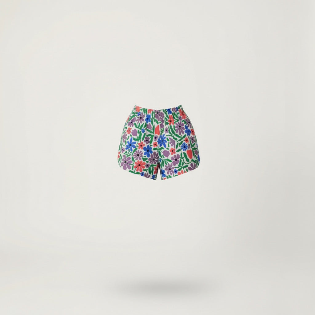 Short parachute Spring Flowers – Coton upcyclé – Taille unique S à L – Unisexe – Collection Années 70 – Quintín