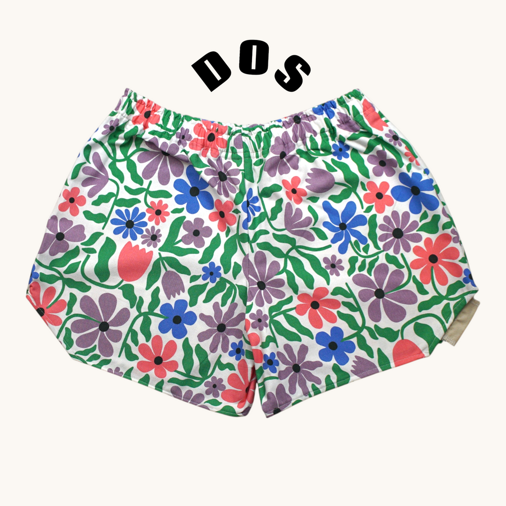 Short parachute Spring Flowers – Coton upcyclé – Taille unique S à L – Unisexe – Collection Années 70 – Quintín