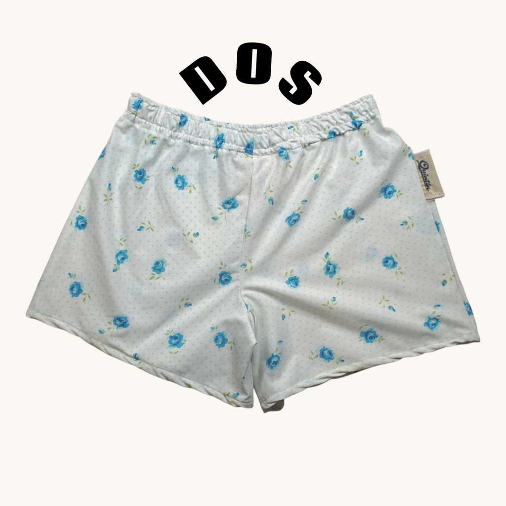 Short parachute Fleurs Bleues – Coton upcyclé – Taille unique S à L – Unisexe – Collection Fleurs – Quintín