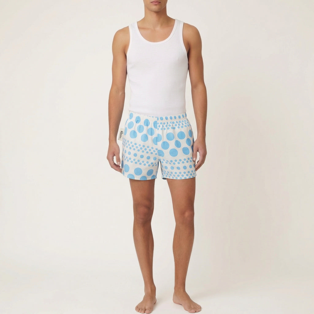 Short parachute Bubble Blue Retro – Coton upcyclé – Taille unique S à L – Unisexe – Collection Années 70 – Quintín