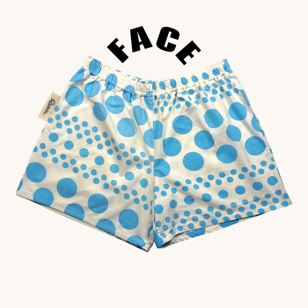 Short parachute Bubble Blue Retro – Coton upcyclé – Taille unique S à L – Unisexe – Collection Années 70 – Quintín