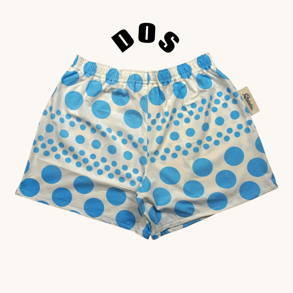 Short parachute Bubble Blue Retro – Coton upcyclé – Taille unique S à L – Unisexe – Collection Années 70 – Quintín