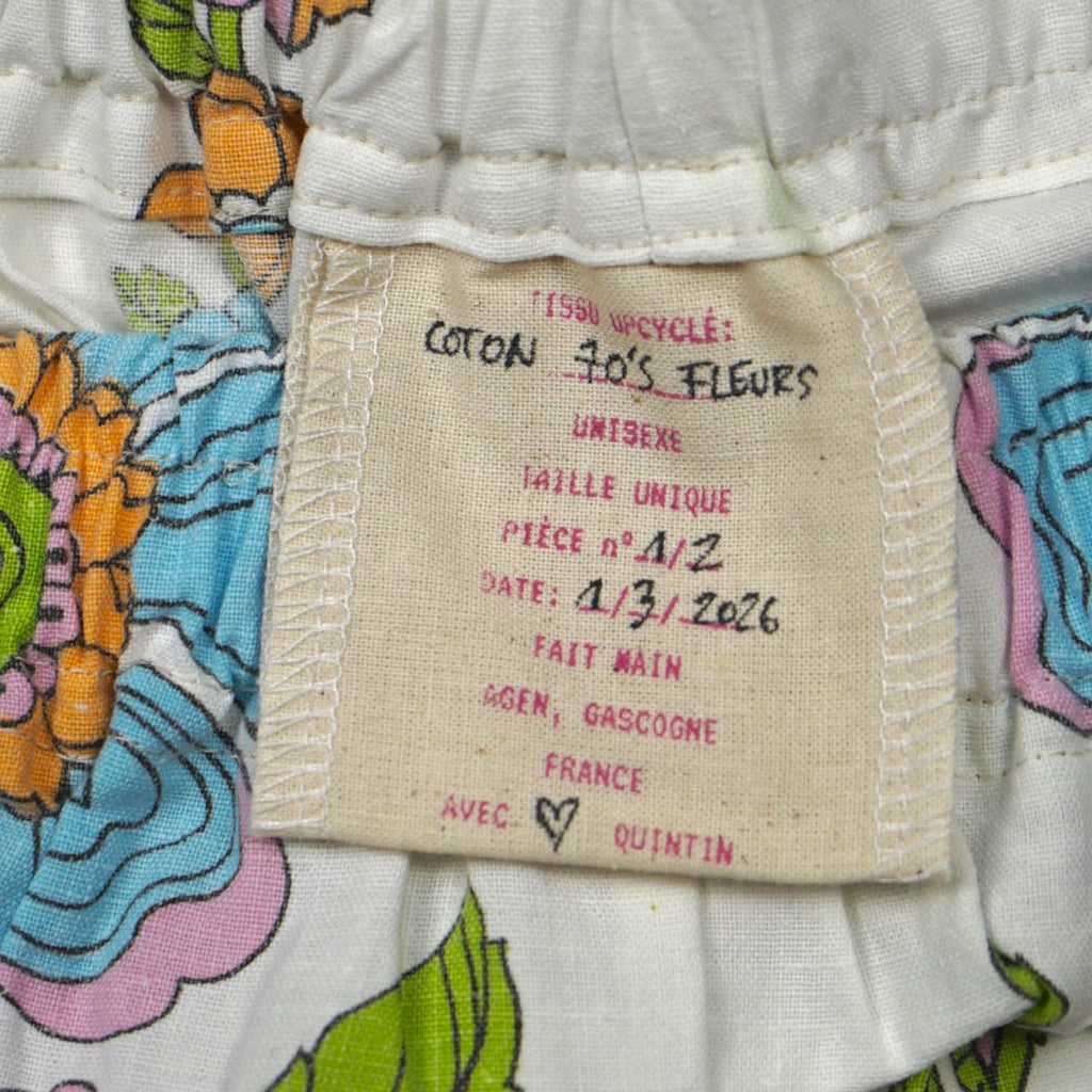 Short parachute Flowers Retro – Coton upcyclé – Taille unique S à L – Unisexe – Collection Années 70 – Quintín