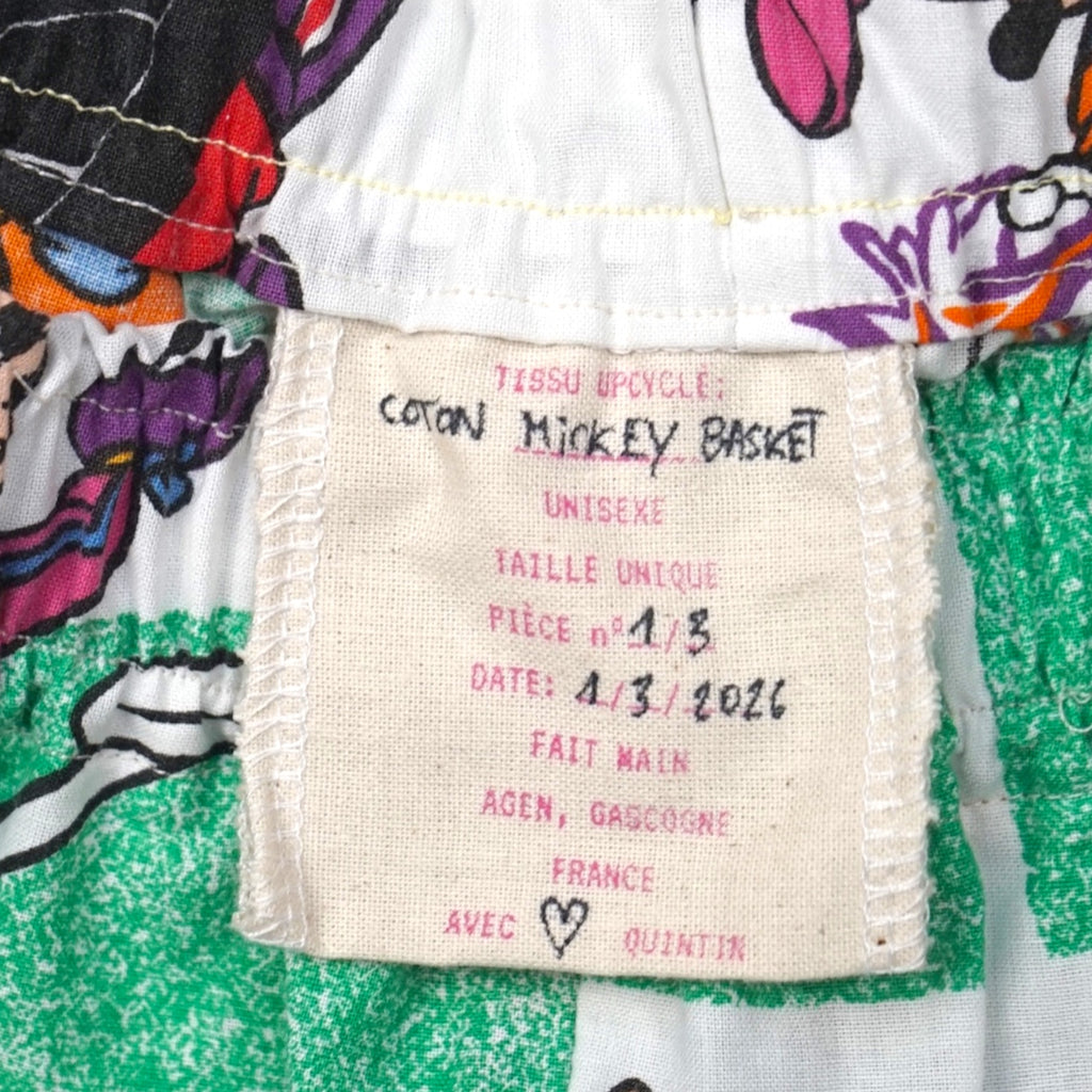 Short parachute Mickey Basket 2 – Coton upcyclé – Taille unique S à L – Unisexe – Collection Pop Culture – Quintín