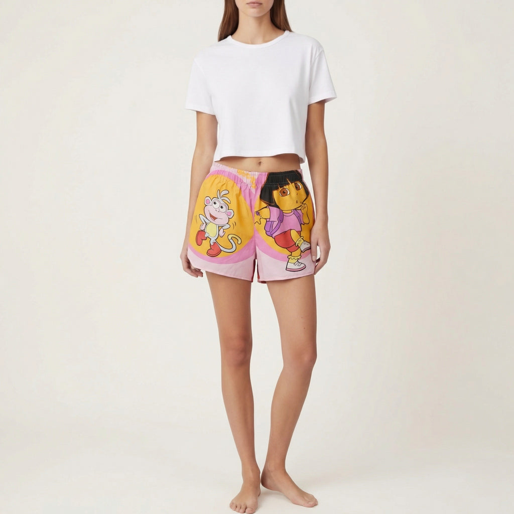 Shorts paracaídas Dora 2 – Algodón reciclado – Talla única (S a L) – Unisex – Colección Cultura Pop – Quintín