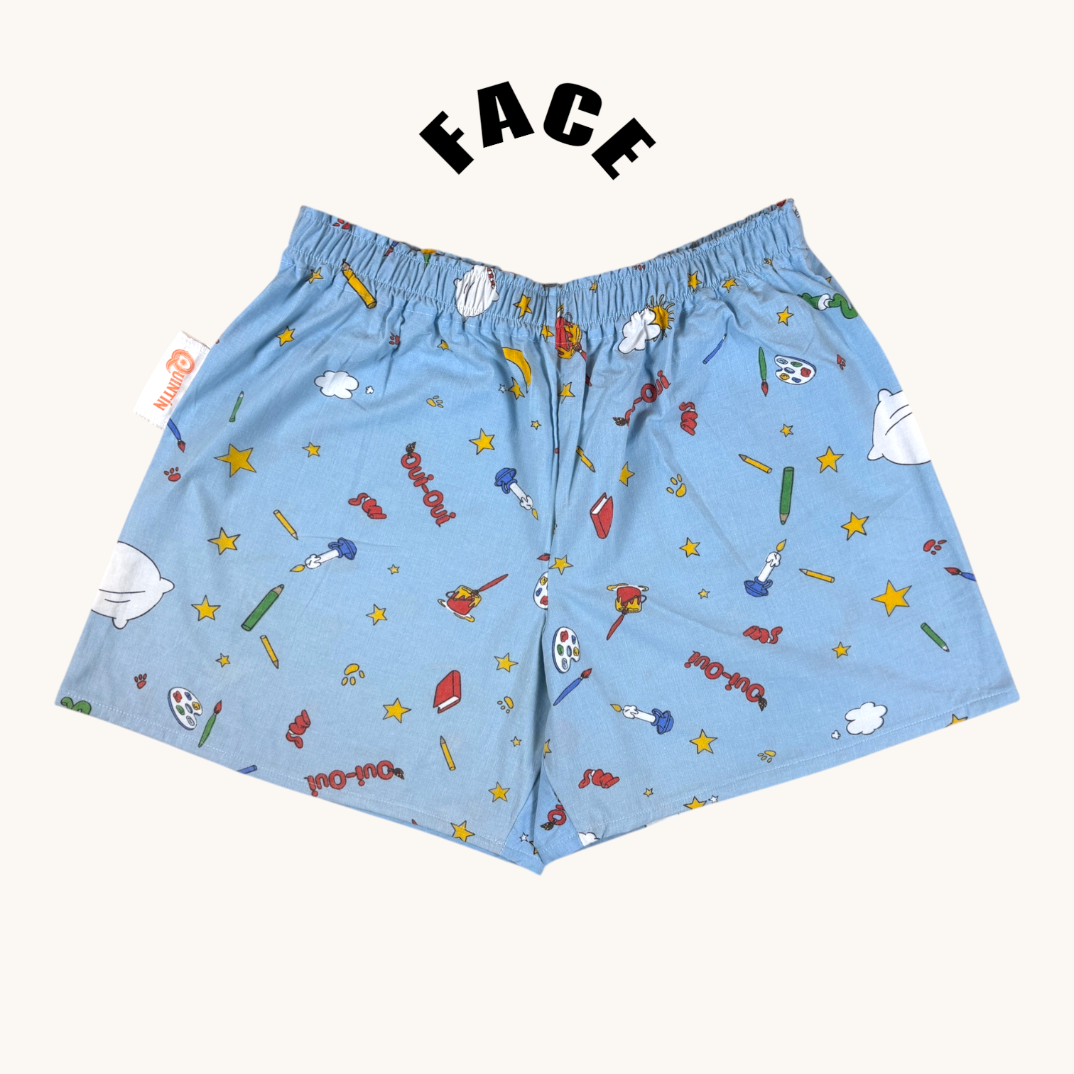 Short parachute Oui-oui n°2 – Coton upcyclé – Taille unique S à L – Unisexe – Collection Pop Culture – Quintín