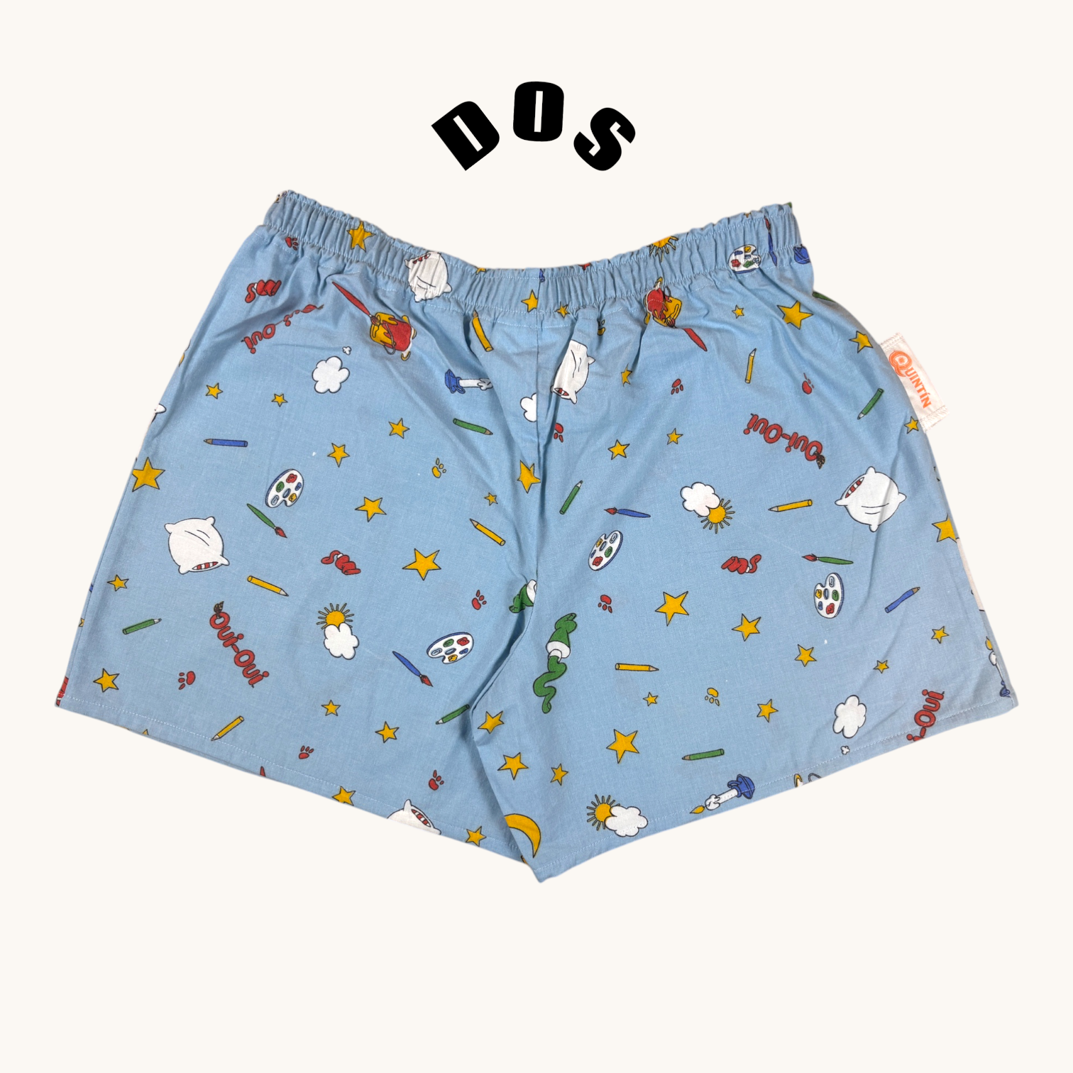 Short parachute Oui-oui n°2 – Coton upcyclé – Taille unique S à L – Unisexe – Collection Pop Culture – Quintín