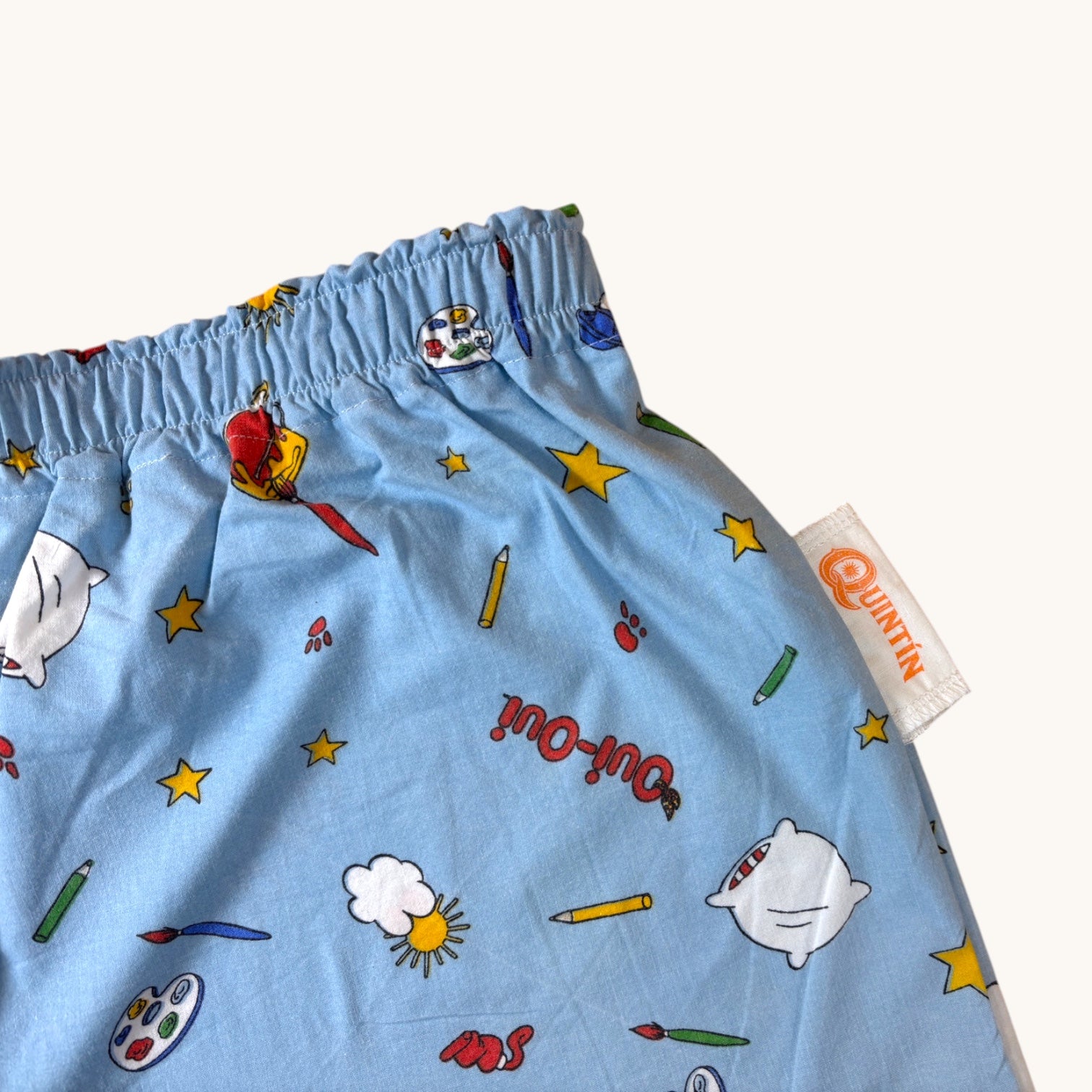 Short parachute Oui-oui n°2 – Coton upcyclé – Taille unique S à L – Unisexe – Collection Pop Culture – Quintín