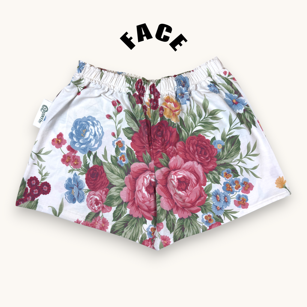 Short parachute Fleurs British – Coton upcyclé – Taille unique S à L – Unisexe – Collection Fleurs – Quintín