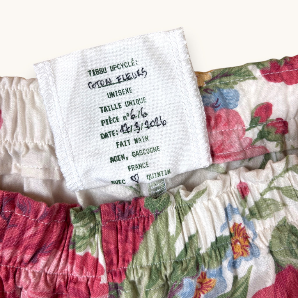 Short parachute Fleurs British n°2 – Coton upcyclé – Taille unique S à L – Unisexe – Collection Fleurs – Quintín