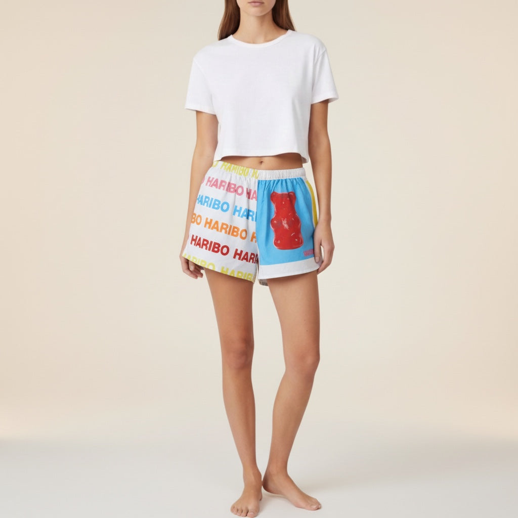 Short parachute Haribo – Coton upcyclé – Taille unique S à L – Unisexe – Collection Pop Culture – Quintín