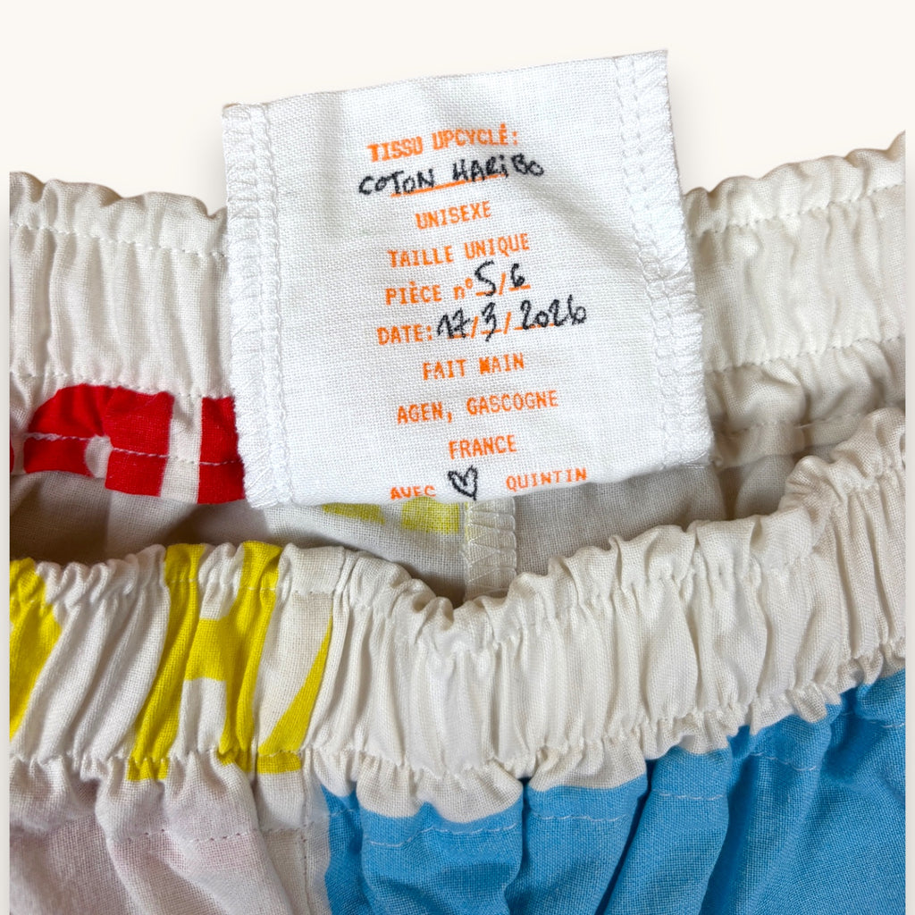 Short parachute Haribo – Coton upcyclé – Taille unique S à L – Unisexe – Collection Pop Culture – Quintín