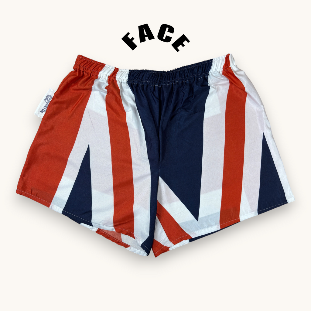 Short parachute Union Jack – Polyester upcyclé – Taille unique S à L – Unisexe – Collection Pop Culture / Rayé – Quintín