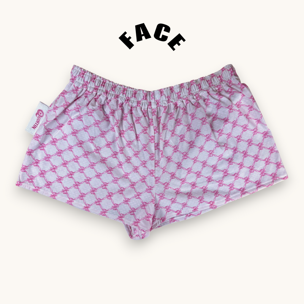 Mini-short Noeuds Papillon Rose – Coton upcyclé – Taille unique S à L – Unisexe – Collection Rose Bonbon – Quintín