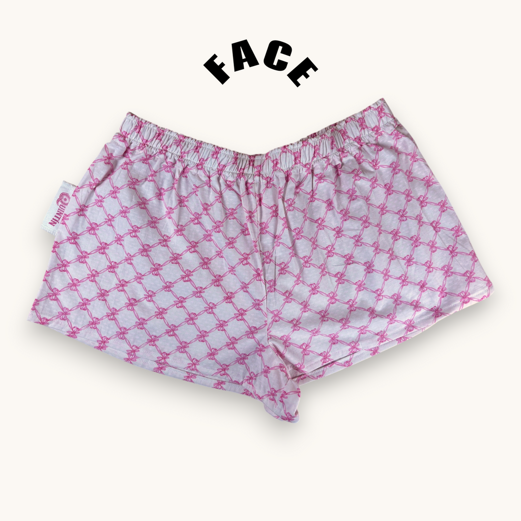 Mini-short Noeuds Papillon Rose n°2 – Coton upcyclé – Taille unique S à L – Unisexe – Collection Rose Bonbon – Quintín