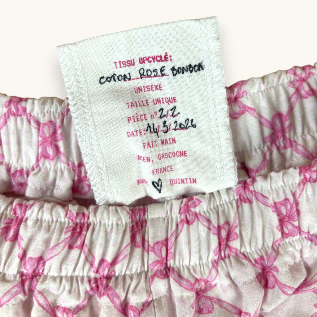 Mini-short Noeuds Papillon Rose n°2 – Coton upcyclé – Taille unique S à L – Unisexe – Collection Rose Bonbon – Quintín
