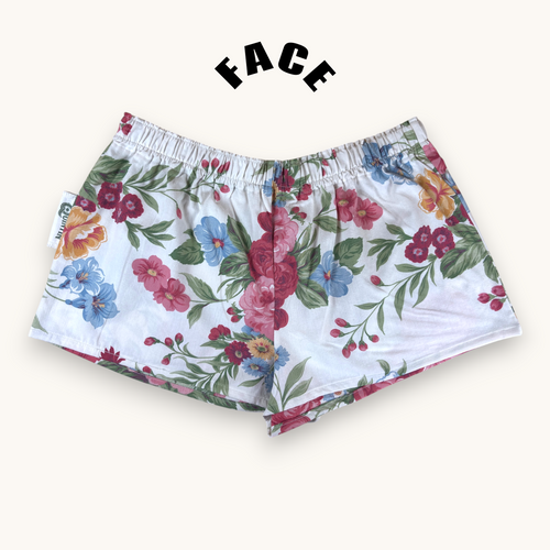 Mini-short Fleurs British n°2 – Coton upcyclé – Taille unique S à L – Unisexe – Collection Fleurs – Quintín