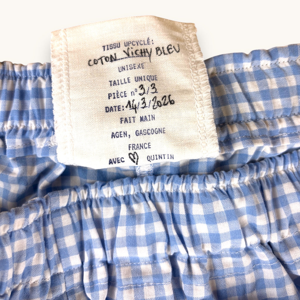 Mini-short Vichy Bleu – Coton upcyclé – Taille unique S à L – Unisexe – Collection Vichy – Quintín