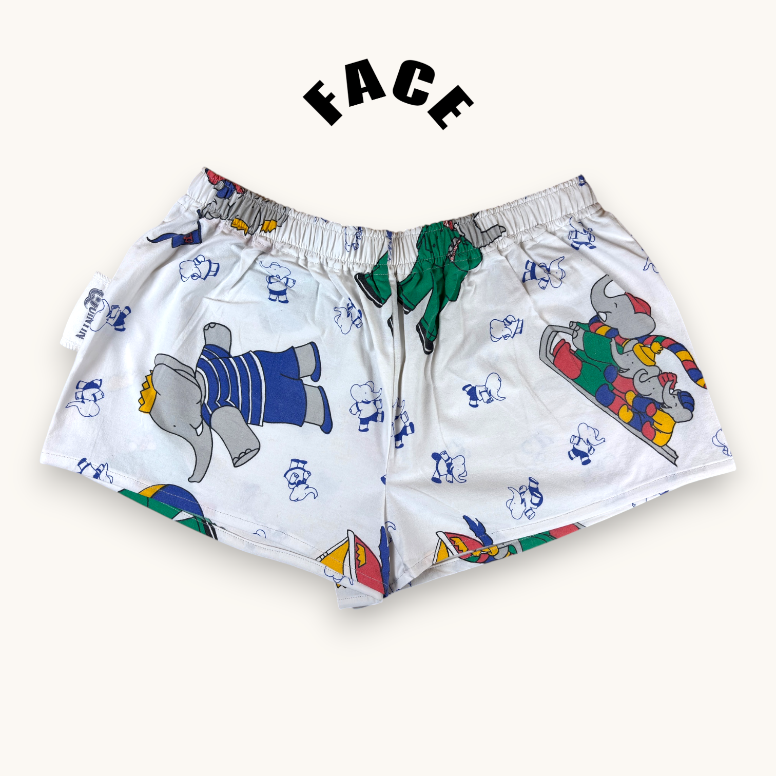 Mini-short Babar – Coton upcyclé – Taille unique S à L – Unisexe – Collection Pop Culture – Quintín