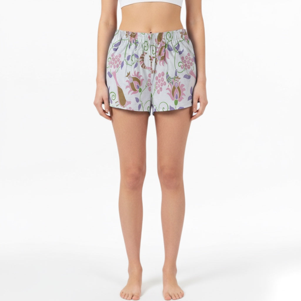 Mini-short Mamie Viviane – Coton upcyclé – Taille unique S à L – Unisexe – Collection Fleurs / Rose Bonbon / Années 70 – Quintín