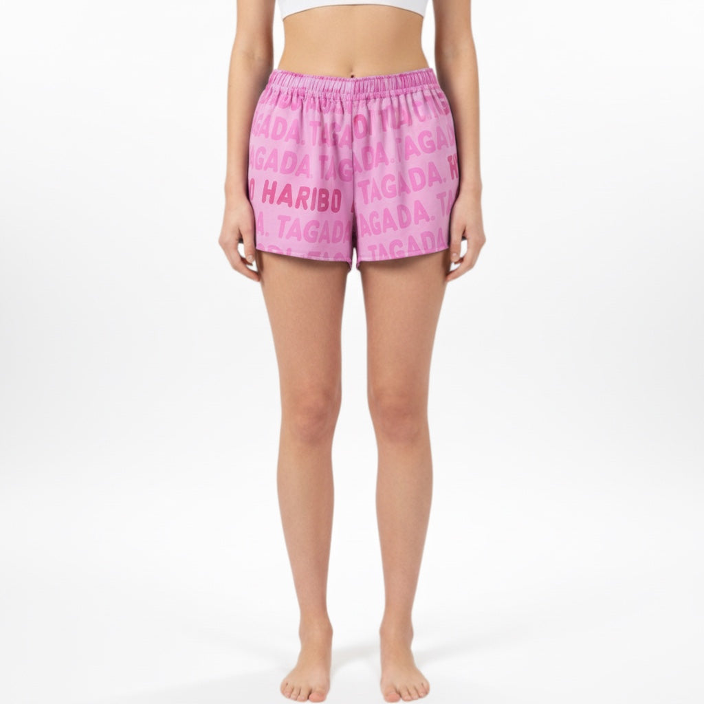 Mini-short Haribo Rose – Coton upcyclé – Taille unique S à L – Unisexe – Collection Pop Culture / Rose Bonbon – Quintín