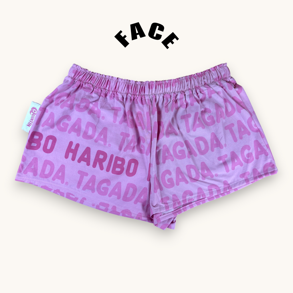 Mini-short Haribo Rose – Coton upcyclé – Taille unique S à L – Unisexe – Collection Pop Culture / Rose Bonbon – Quintín