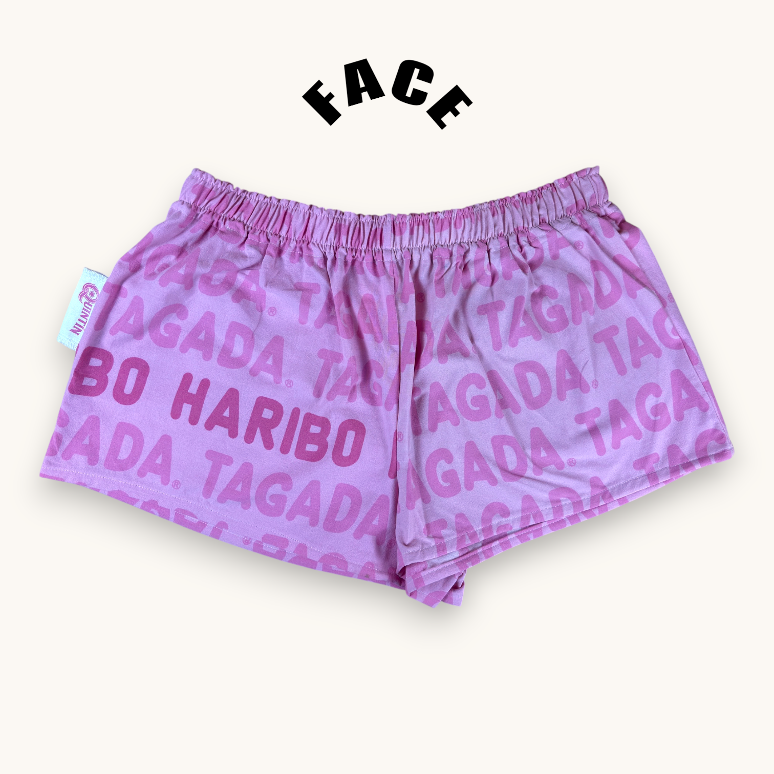 Mini-short Haribo Rose – Coton upcyclé – Taille unique S à L – Unisexe – Collection Pop Culture / Rose Bonbon – Quintín