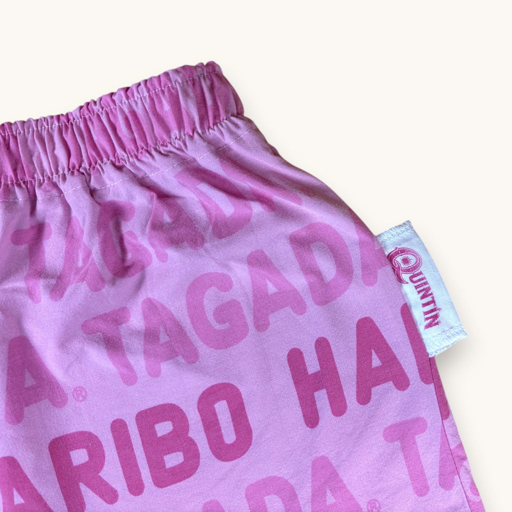 Mini-short Haribo Rose – Coton upcyclé – Taille unique S à L – Unisexe – Collection Pop Culture / Rose Bonbon – Quintín