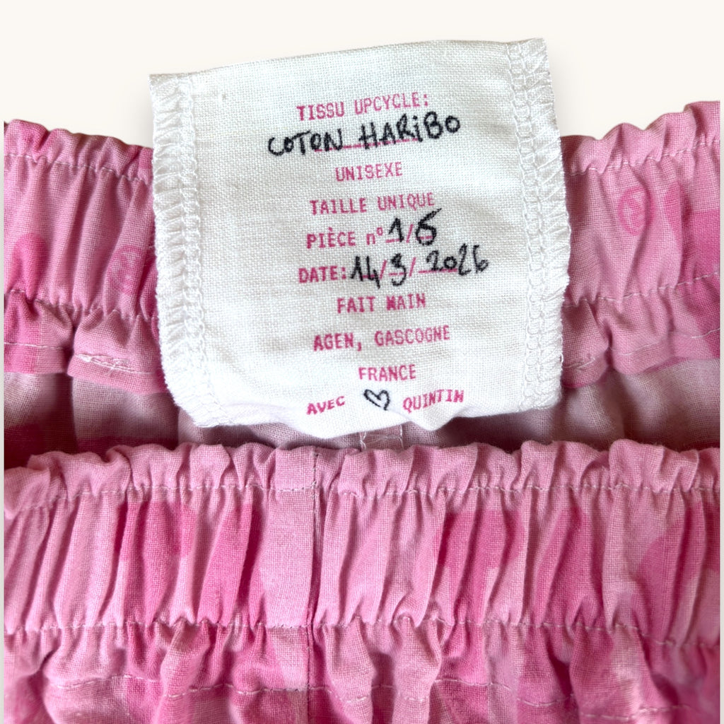 Mini-short Haribo Rose n°2 – Coton upcyclé – Taille unique S à L – Unisexe – Collection Pop Culture / Rose Bonbon – Quintín