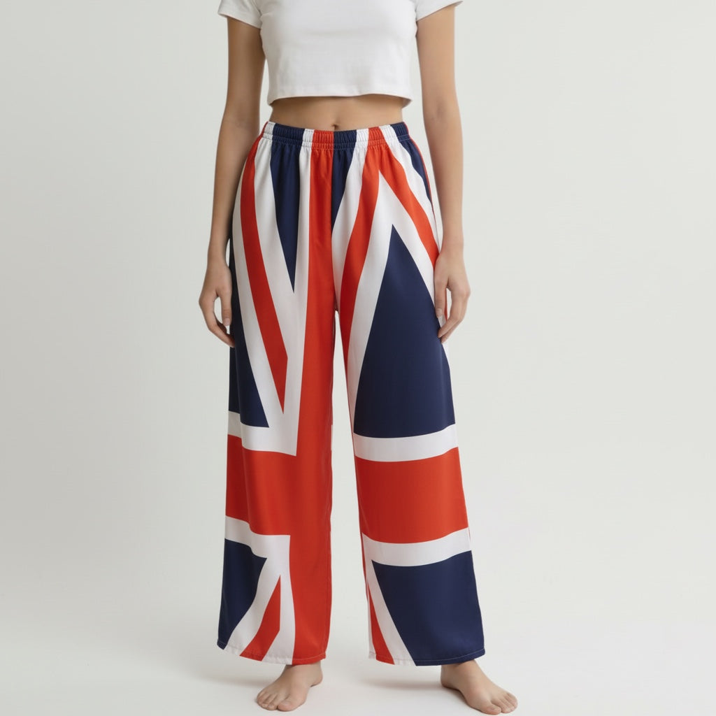 Pantalon évasé Union Jack – Polyester upcyclé – Taille unique S à L – Unisexe – Collection Pop Culture / Rayé – Quintín