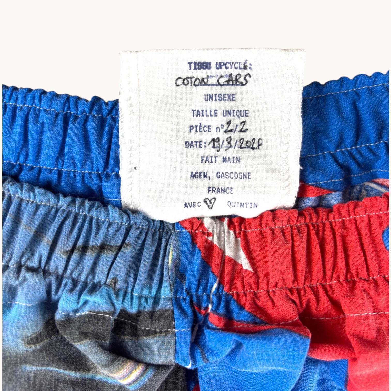 Short parachute Cars n°2 – Coton upcyclé – Taille unique S à L – Unisexe – Collection Pop Culture – Quintín