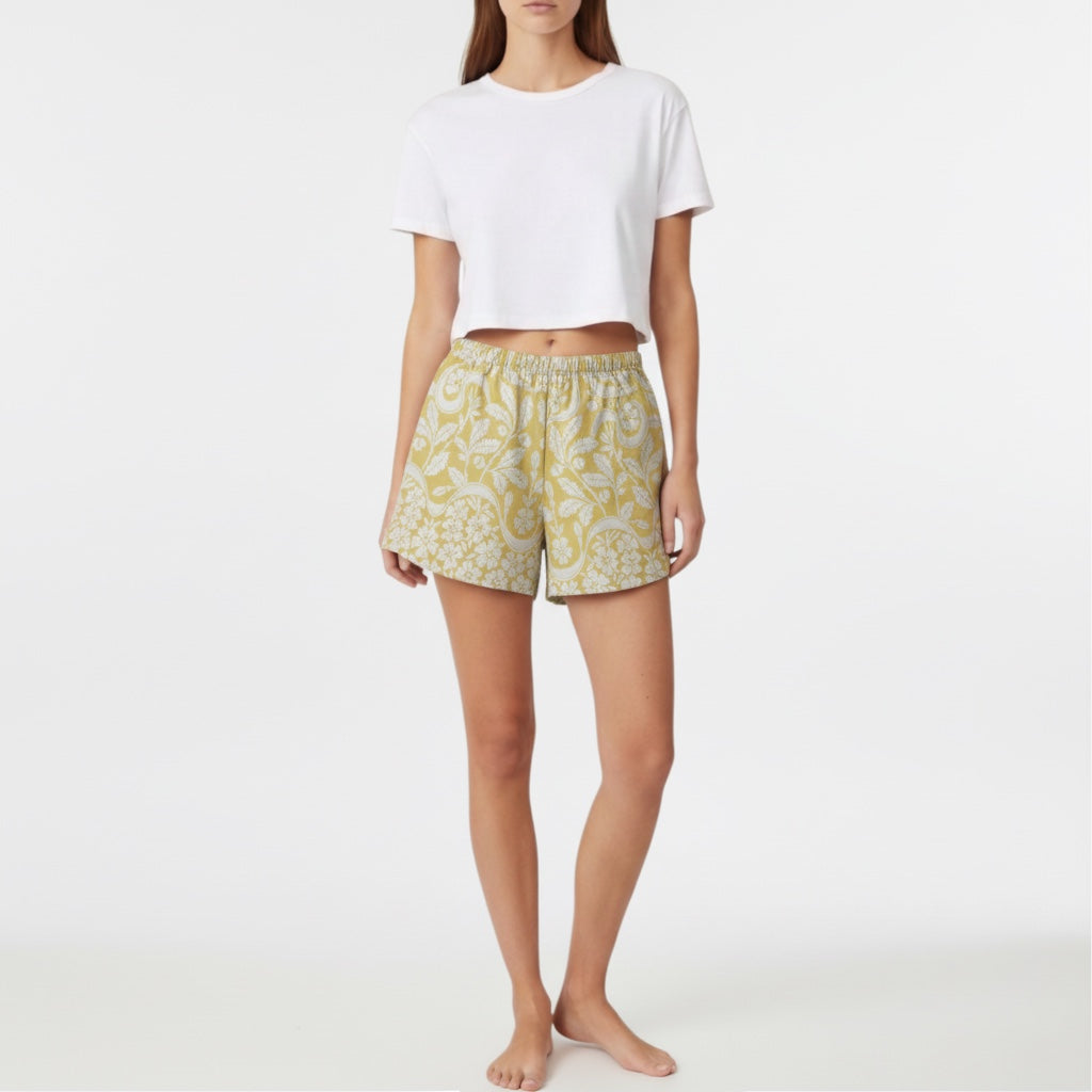 Short parachute Fleurs brodées Moutarde – Coton upcyclé – Taille unique S à L – Unisexe – Collection Fleurs – Quintín