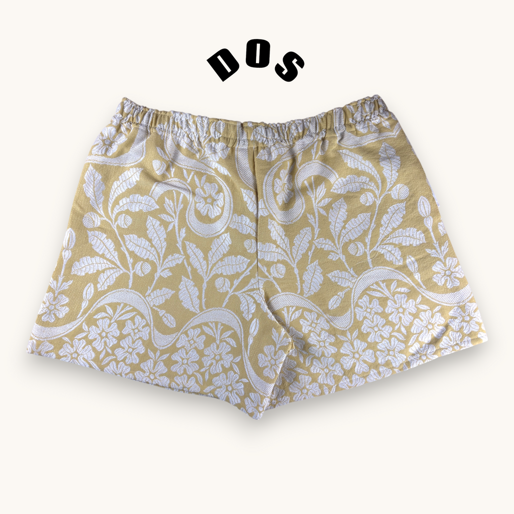 Short parachute Fleurs brodées Moutarde – Coton upcyclé – Taille unique S à L – Unisexe – Collection Fleurs – Quintín