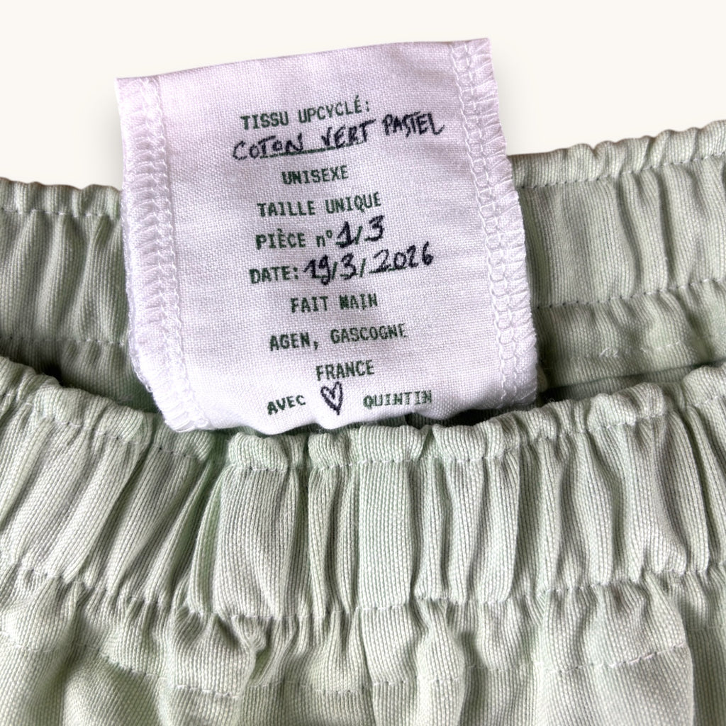 Mini-short Vert Pastel – Coton upcyclé – Taille unique S à L – Unisexe – Collection Couleurs unies – Quintín