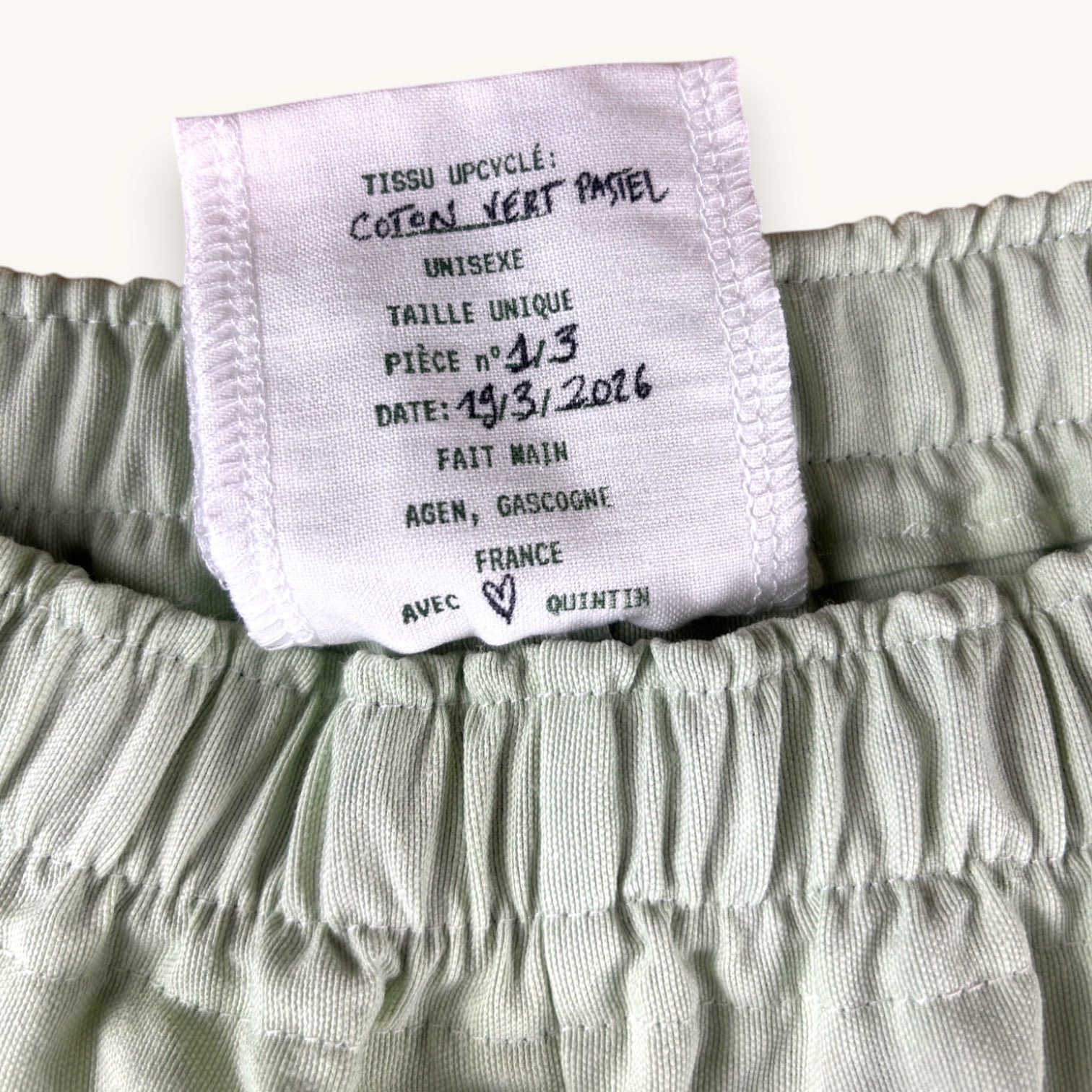 Mini-short Vert Pastel – Coton upcyclé – Taille unique S à L – Unisexe – Collection Couleurs unies – Quintín