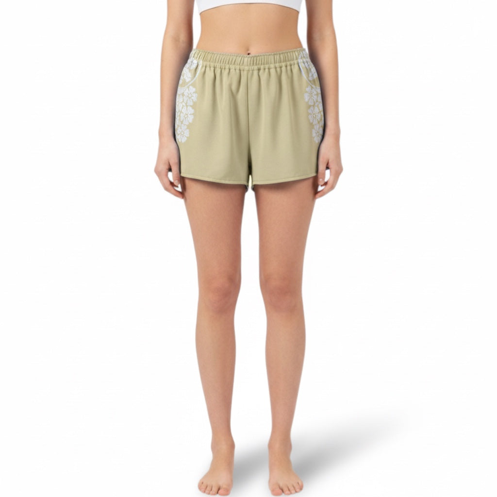 Mini-short Fleurs brodées Moutarde – Coton upcyclé – Taille unique S à L – Unisexe – Collection Fleurs – Quintín