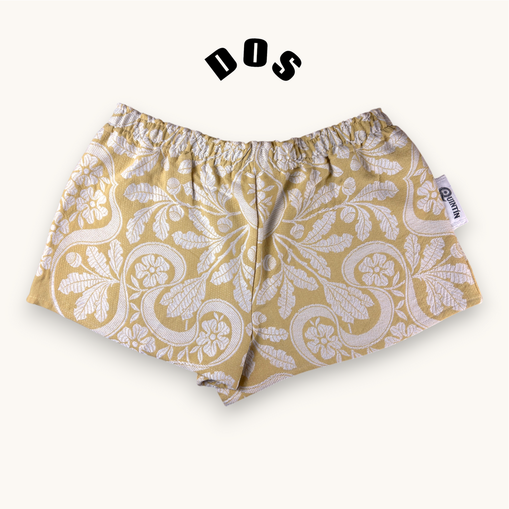 Mini-short Fleurs brodées Moutarde – Coton upcyclé – Taille unique S à L – Unisexe – Collection Fleurs – Quintín