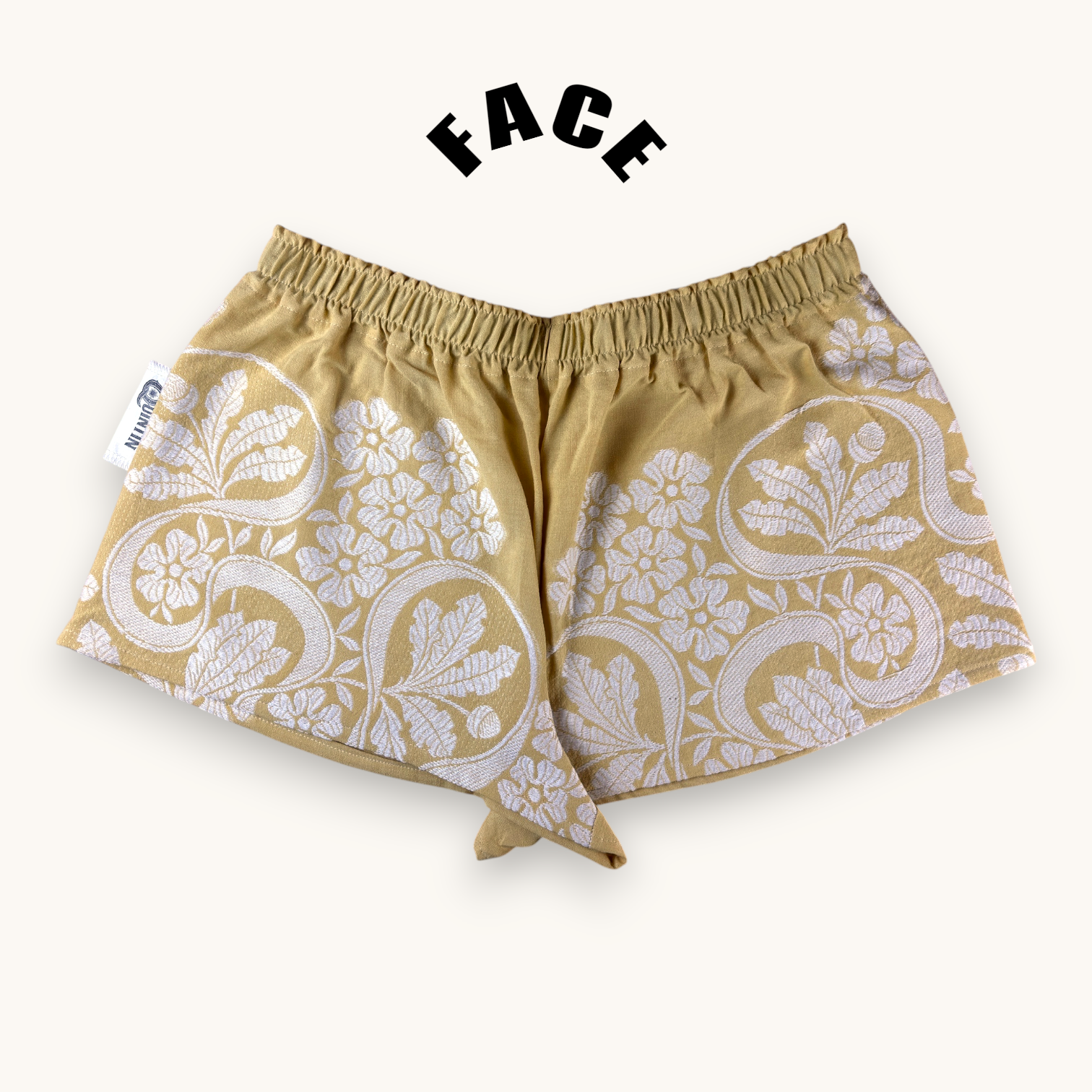 Mini-short Fleurs brodées Moutarde n°2 – Coton upcyclé – Taille unique S à L – Unisexe – Collection Fleurs – Quintín