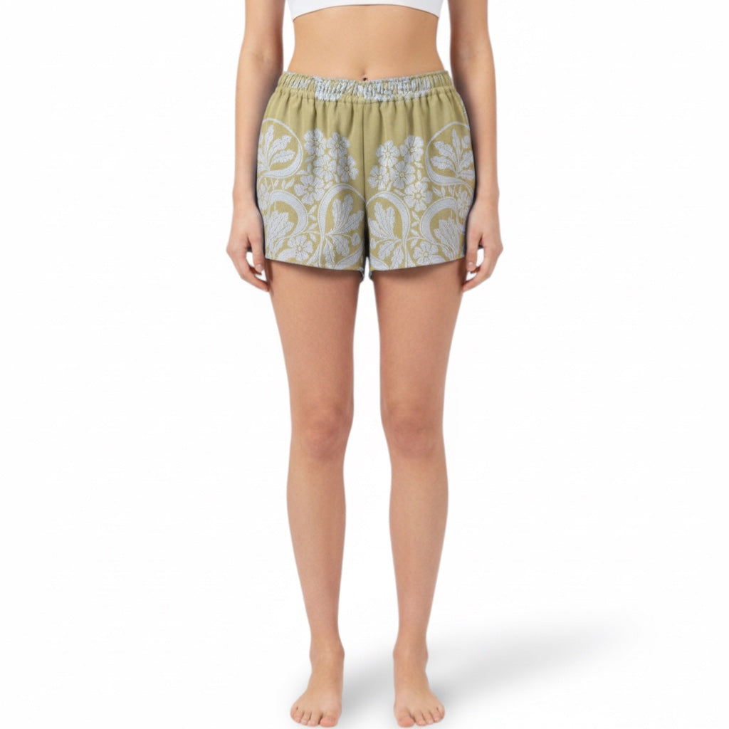 Mini-short Fleurs brodées Moutarde n°2 – Coton upcyclé – Taille unique S à L – Unisexe – Collection Fleurs – Quintín