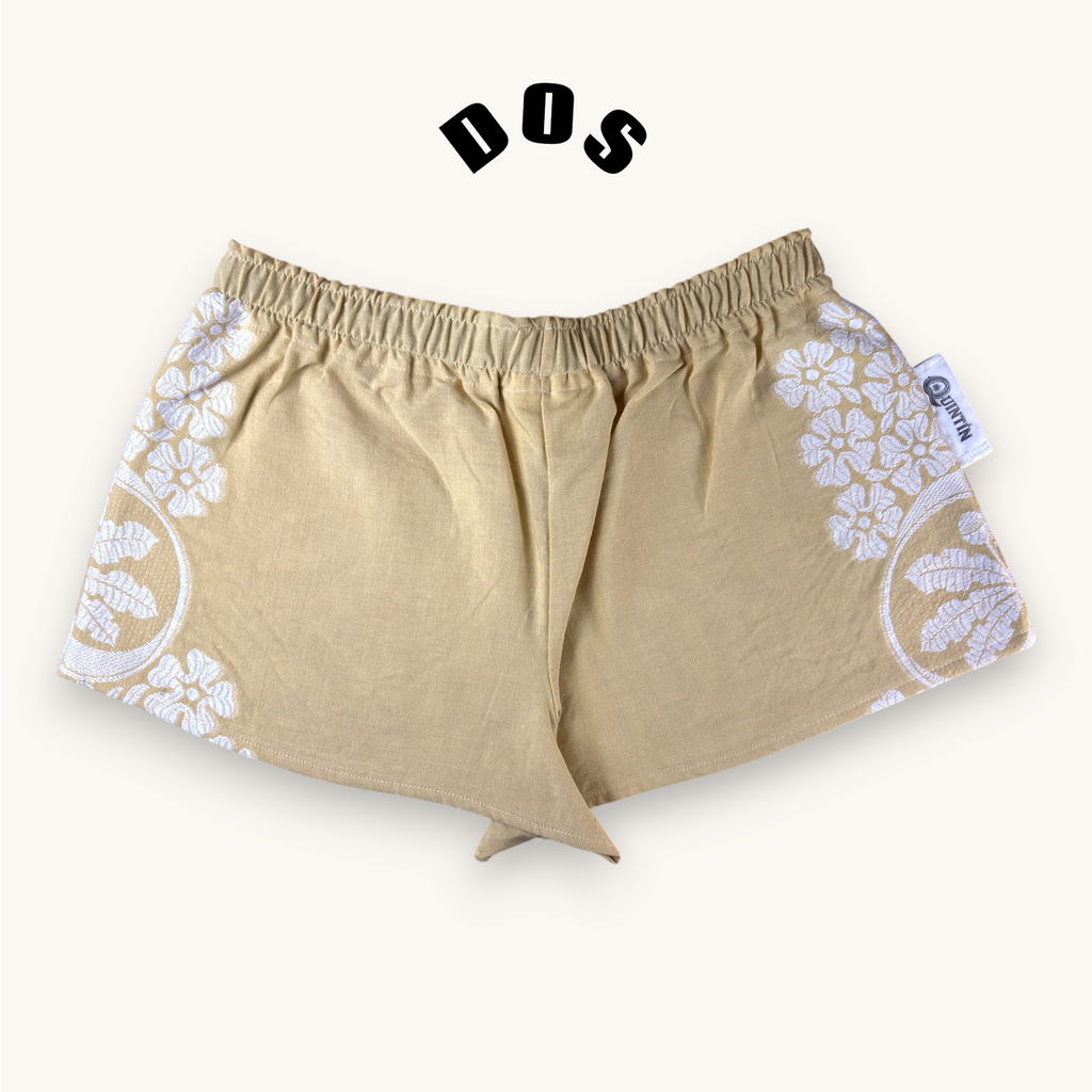 Mini-short Fleurs brodées Moutarde n°2 – Coton upcyclé – Taille unique S à L – Unisexe – Collection Fleurs – Quintín