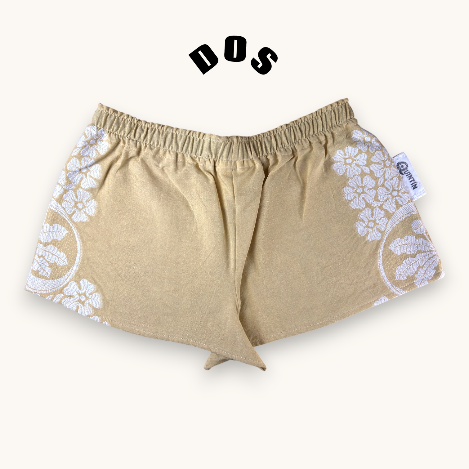 Mini-short Fleurs brodées Moutarde n°2 – Coton upcyclé – Taille unique S à L – Unisexe – Collection Fleurs – Quintín